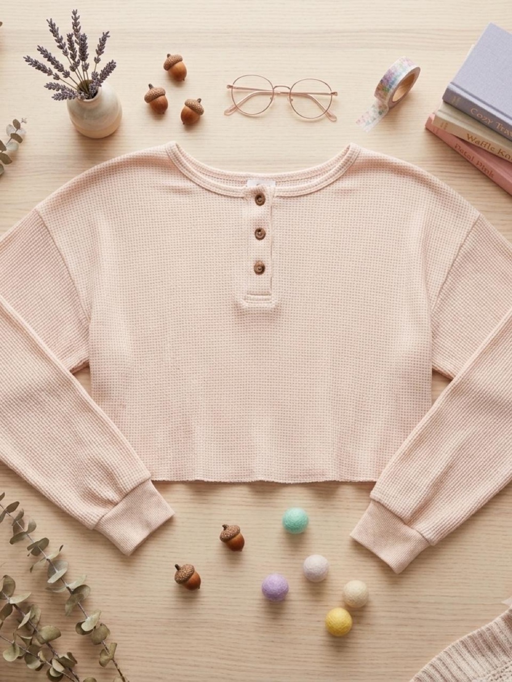 Women's Cropped Waffle Knit Henley Sweater - Light Pink